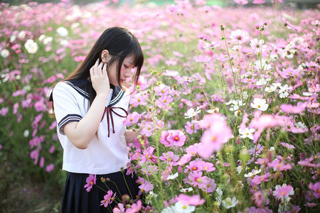 花海里身穿校服的少女图片