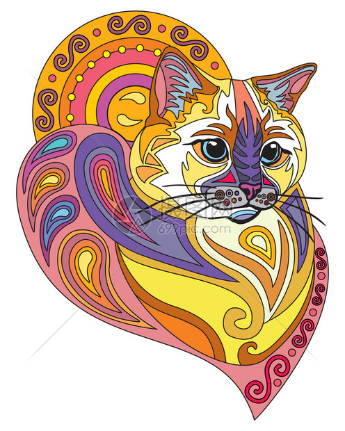抹布娃猫的彩色抽象涂鸦装饰肖像以白色背景上孤立的不同颜色显示装饰