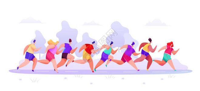 一群奔跑的人穿着运动短裤和T恤的人正在沿路以抽象的森林背景跑马拉松插画
