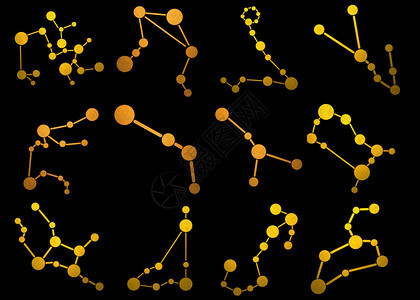 收集了12个zodiac符号黑背景插图上的金标图片