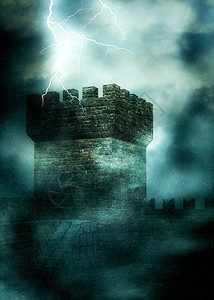 数字化的中世纪堡垒深夜在浓雾中3d插图图片