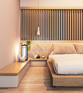 卧室灯装有棍棒和隐藏的光壁设计3d的日本木制房设计背景