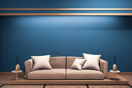 深蓝色客厅室内现代深蓝色黑日本房窗户纸上有木制低沙发设计3d红色背景