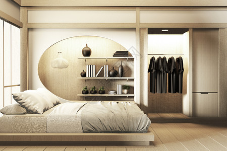 现代和平卧室日本式的卧室架墙设计隐藏灯光和装饰日本式的图片