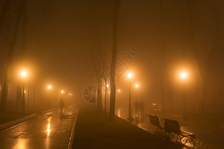 晚上人们在雾中公园散步图片