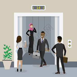 团队分享电梯充气量矢插图中的不同商人插画