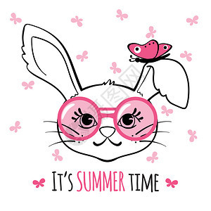 t恤印服装婴儿淋浴海报或贺卡的设计要素夏季概念矢量说明带有眼镜和蝴蝶的可爱兔子白色背景的可爱兔子图片