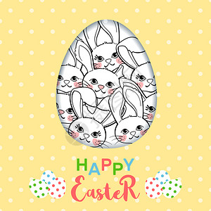 带可爱的东边小兔子和鸡蛋的gtein卡片有可爱的东边小兔子和鸡蛋的polka点背景快乐的东边海报或横幅图片