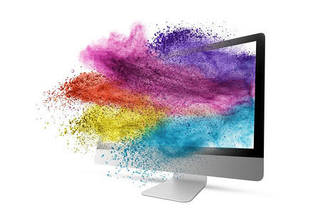 大计算机显示或器白色背景的多灰尘爆炸复制空间多色灰尘从白的计算机显示器上喷出图片