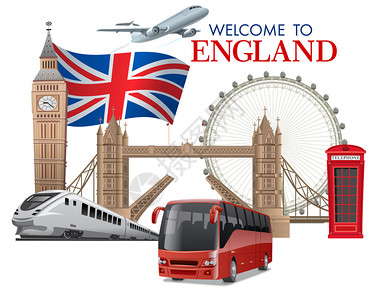 火车飞机共汽车在英格兰和伦敦旅行游概念说明图片