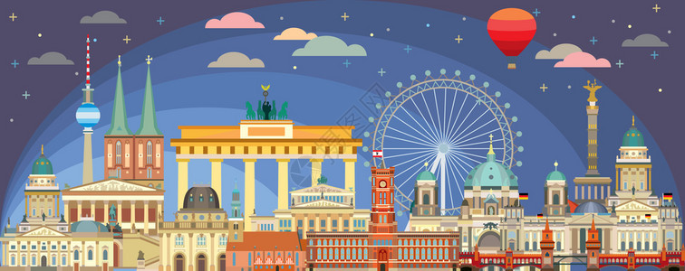 Berlin水平多彩旅行插图其建筑地标在暮光时间前视图旅行概念的全景平板插图stock插图图片