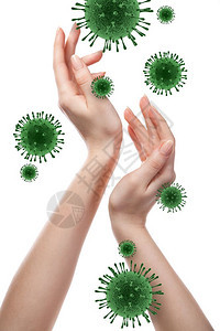 女手与白背景的冠状分子飞行模型复制空间常规洗手作为流行的冠状covid19妇女手和冠状细菌期间的一种预防方法概念图片