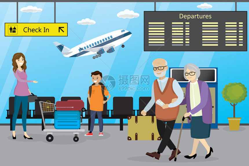 不同卡通人物在机场矢量插图
