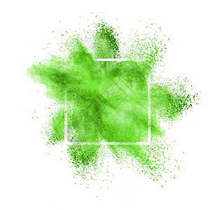 白色背景的平方框中绿色粉尘或末爆炸复制空间白色背景的框中绿色粉尘爆炸背景图片