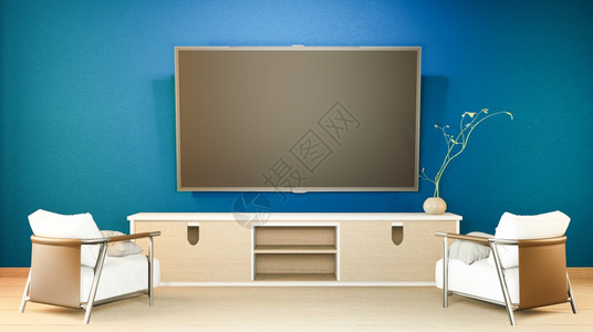 tv柜子和显示深蓝色客厅内部的日本和用于编辑的黑背景3D图片