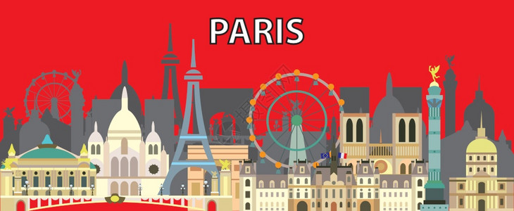 彩色的星际旅行图设计带有孤立的法国星际地标前视法国旅游和行矢量背景的印刷品t恤衫纪念品全球旅行概念图片