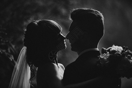 照片中的黑白年轻新娘和郎的轮廓婚礼日有选择的焦点照片中噪音和谷物年轻新娘和郎的黑白照片轮廓有选择的焦点图片