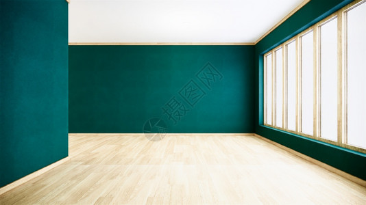 内部木地板上的绿墙3D图片