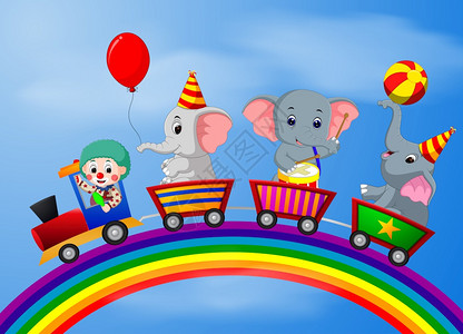 彩虹插图的火车上小丑和大象图片