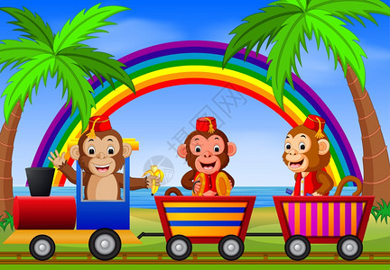 带彩虹插图的猴子在火车上图片
