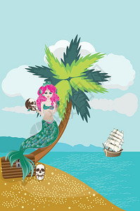 夏天棕榈树和卡通美人鱼图片