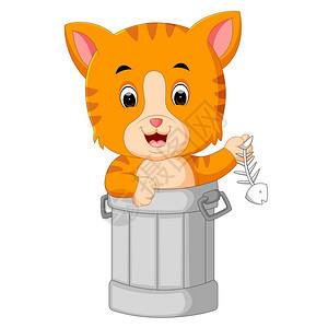 垃圾桶中的小猫卡通矢量插图背景图片