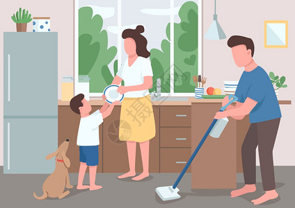 父亲打扫厨房地板男孩帮助母亲洗碗图片