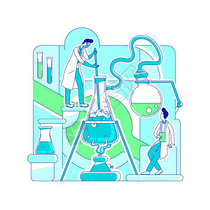 科学家化2d卡通字符用于网络设计实验室物质测试生化学科创造想法化学反应细线概念矢量说明图片