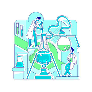 科学家化2d卡通字符用于网络设计实验室物质测试生化学科创造想法化学反应细线概念矢量说明背景图片