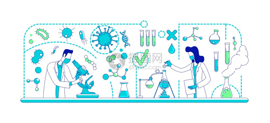 科学实验室工作者生物学家用于网络设计的2d卡通人物研究原体的科学家冠状研究创造想法医学实验瘦线概念矢量说明图片