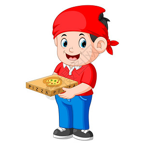 穿着红色T恤和拿披萨盒的送货员图片