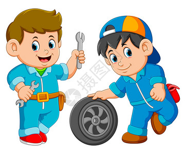 跪下2名身着车轮制服的司机卡通图插画