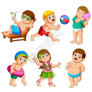 海滩上男女儿童运动插画图片