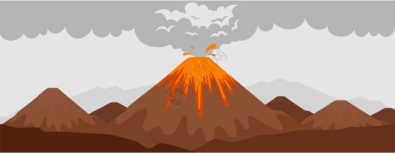 火山爆发平面熔岩说明野生自然风景说明现象2d卡通风景说明山丘背有