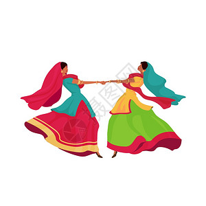 2名身穿sari的女子手牵跳舞tej节庆祝为网络图形设计和动画制作的孤立漫插图图片