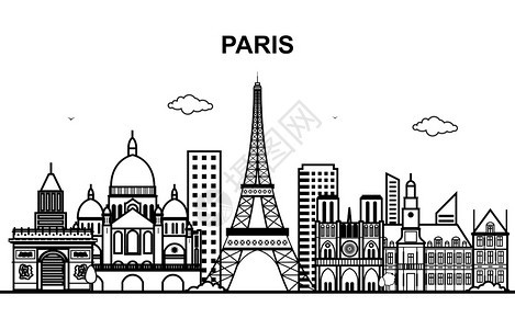 黑白线条巴黎城市建筑风景插图图片