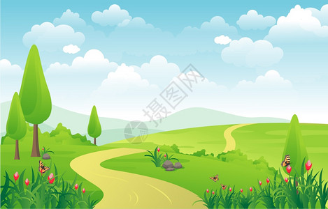欧洲农村山丘绿色草地自然景观插画