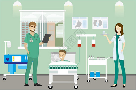 慢病康复在医院病房里的男患者和医生们卡通矢量插画插画