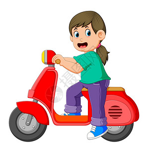 女孩骑着红色摩托车图片