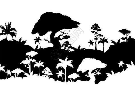 亚热带雨林树叶山上木和棕榈全野热带单色景观奇特森林2D卡通形状图片