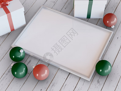 3d插图带有装饰球和礼品盒模型的空白框圣诞快乐和新年概念假日图片