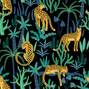 潮流风格卡通可爱豹子和热带植物元素背景图片