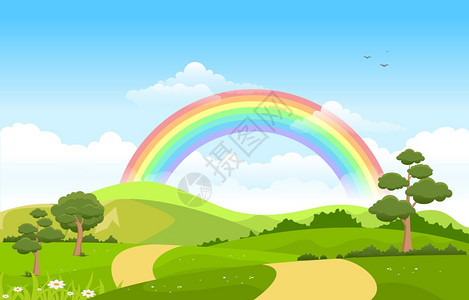 美丽的彩虹天空绿色草地自然景观图背景图片