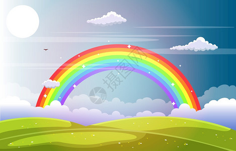 美丽的彩虹天空绿色草地自然景观图背景图片