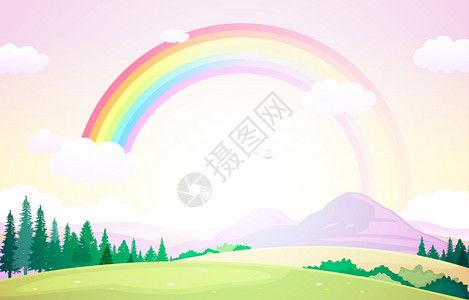 美丽的彩虹天空绿色草地山自然景观图图片