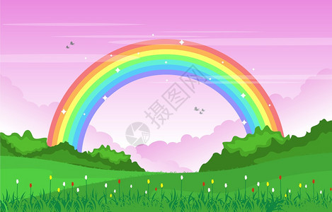 美丽的彩虹天空绿色草地山自然景观图图片