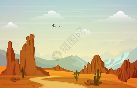 美丽的西部沙漠景观带有天空岩悬崖山体矢量插图背景图片