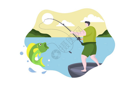 男子在渔船上钓鱼矢量插画图片