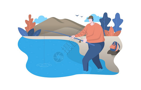 在河水中钓鱼的男子手绘插画图片