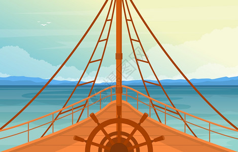 游轮甲板船长方向盘插画图片